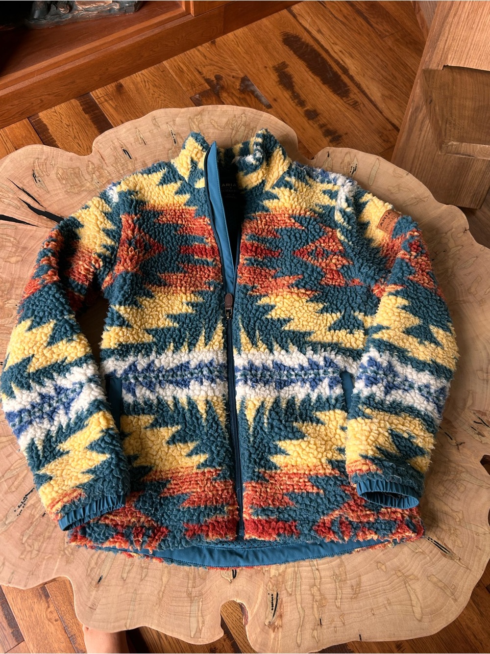 Ariat Pendleton Cozy Southwestern Sherpa Jacket in Teal, Yellow & Rust